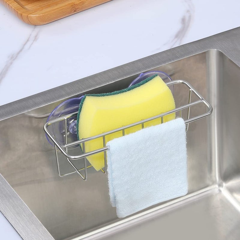 TESOT Sink Caddy Sponge Holder for Kitchen Sink Dish Cloth Hanger 2 Suspension Options(Suction Cups and Adhesive Hook), SUS304 Stainless Steel, Silver - Image 3